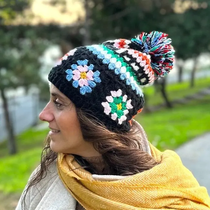 Crochet winter hat Retro Hat with Pom Pom Granny square Crochet beanie Hippie Unisex beanie