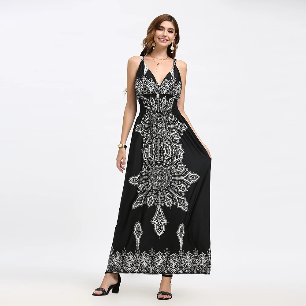 New Fashion Summer Backless Bohemia Beach Women Wear Ceramic Flower Vestidos Elegante Ladies Dress