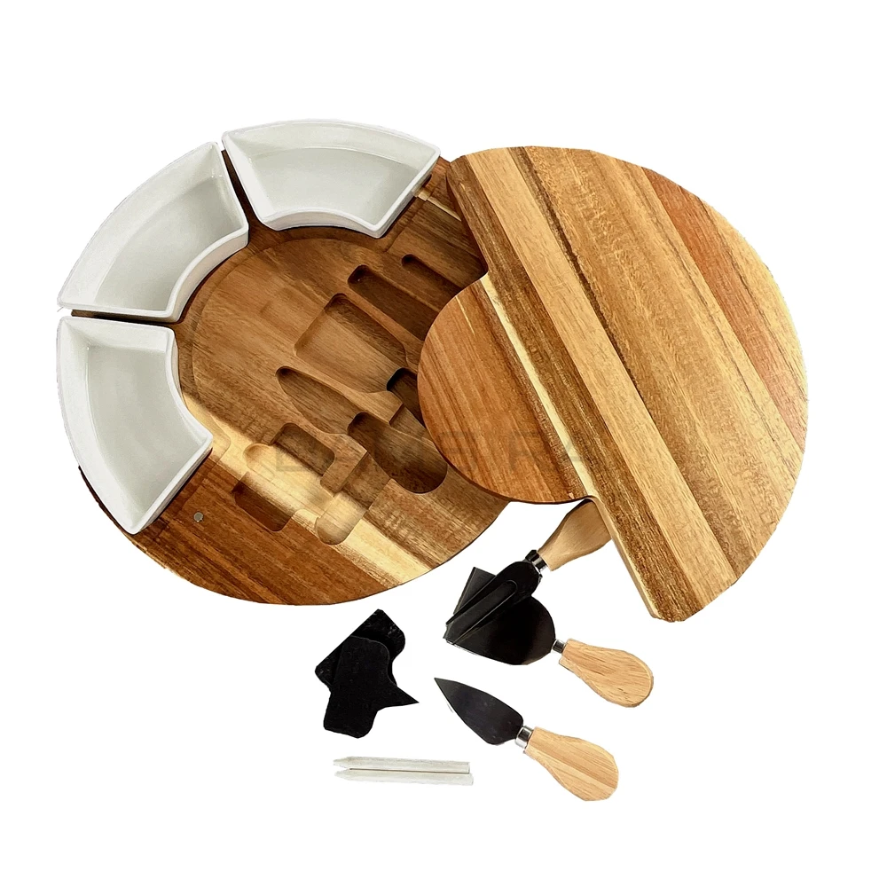Rotating Cheese Cutting Board, Acacia Wood Cheese Tray with Bowls, Knives, Slates, Chalk/ Bamsira_BSCI