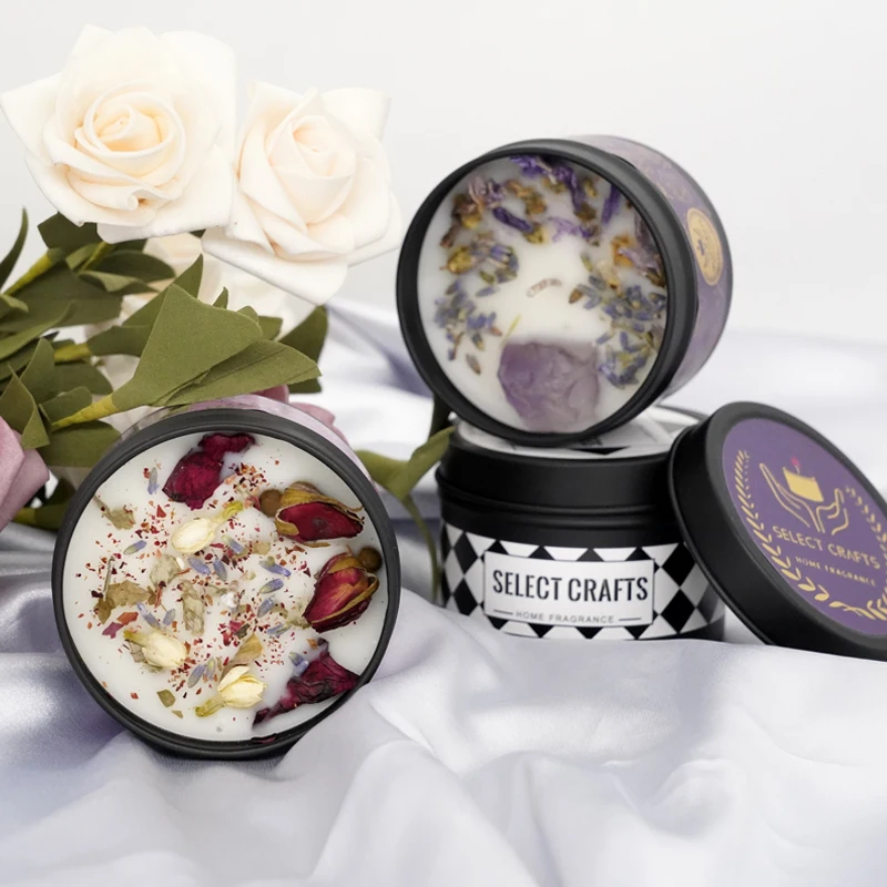 Wholesale Home Fragrance Healing Crystal Dried Flower Soy Wax Black Round Small Tin Scented Candles