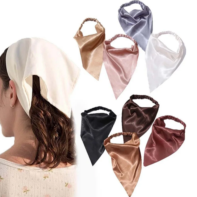 New Style Simple Satin Elastic Band Head Bandanas Scarf Solid Color Fabric Triangular Head Wraps For Women