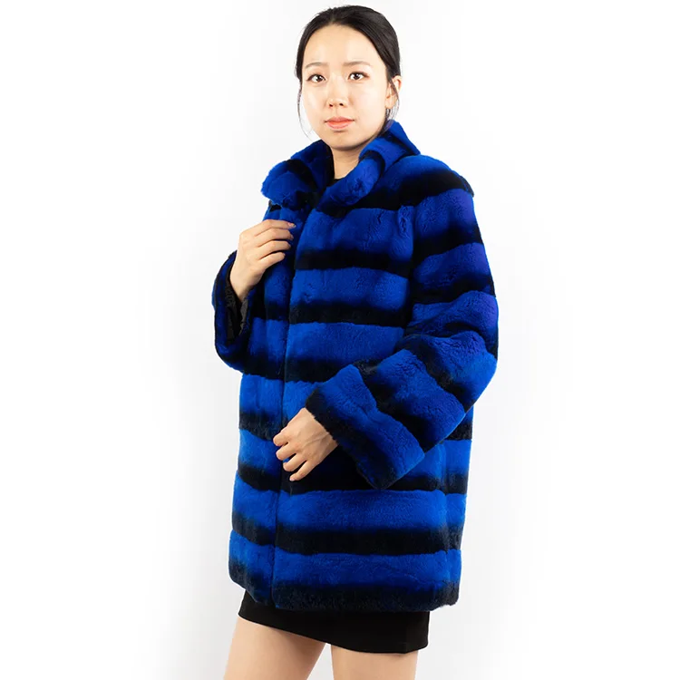 blue color chinchilla fur coat women winter genuine rex rabbit fur coat