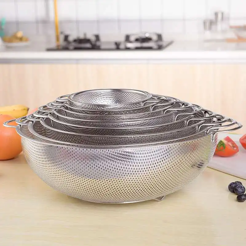 Kitchen Utensils Stainless Steel Perforated Colander Basket for Fruits and Vegetables Food Use