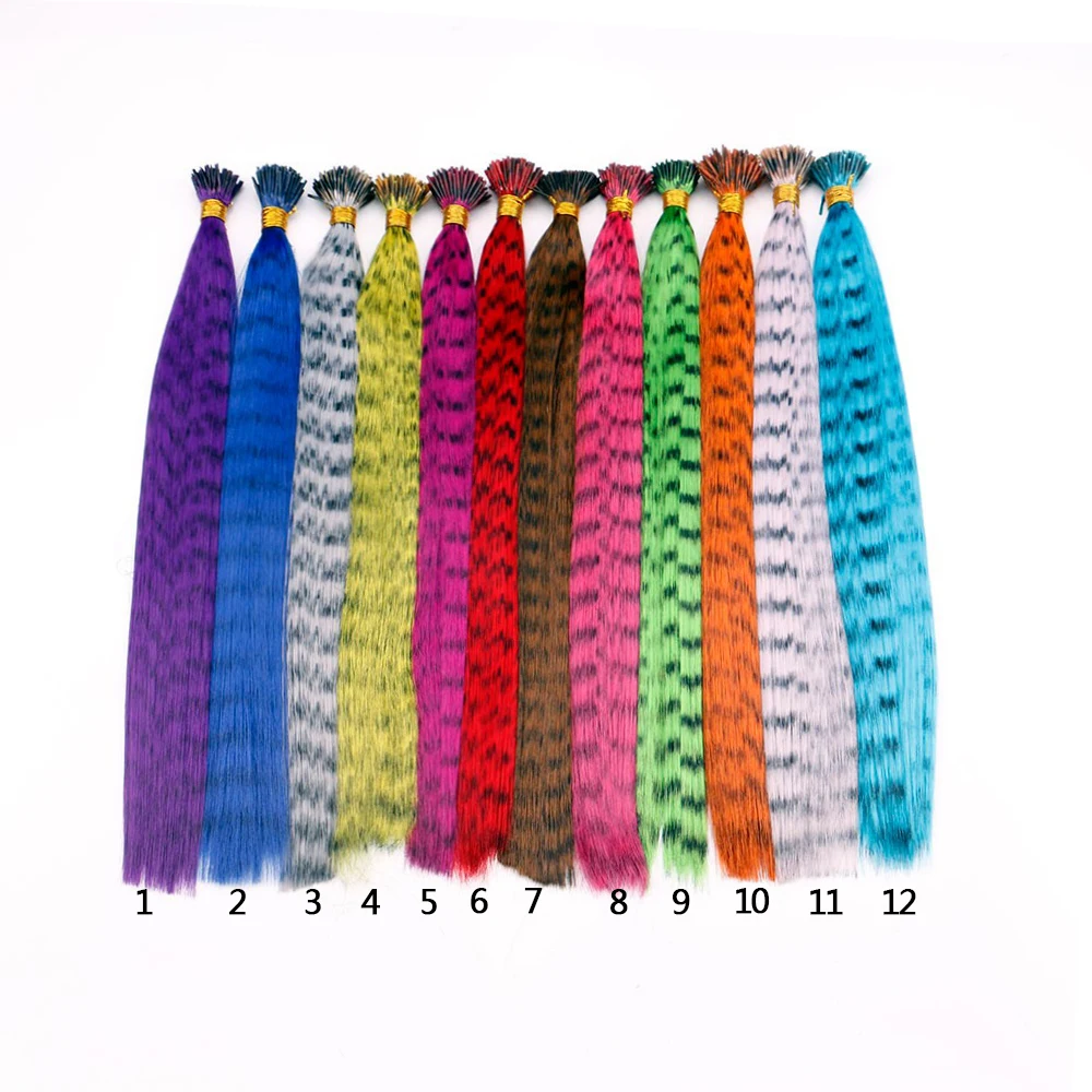 Оптовая продажа, предварительно скрепленные радужные волосы на заколке, i-образный кончик, петушиные перья гризли для прямых синтетических волос, аксессуары для наращивания