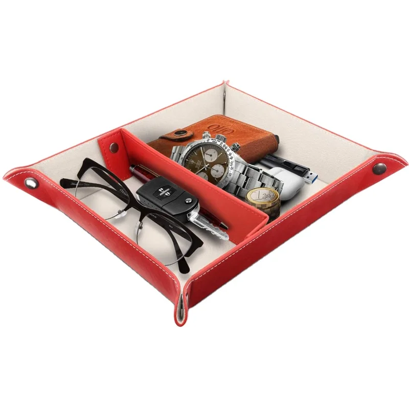 LEATHER TRAY ORGANIZER - PRACTICAL STORAGE BOX FOR WALLETS, WATCHES, KEYS, COINS, CELL PHONES AND OFFICE EQUIPMENT