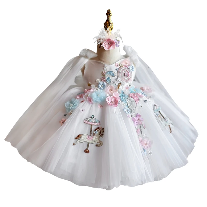 Wholesale Kids Clothing Stunning V-Back Luxury Pageant Tulle Ball Gown Sleeveless 3D Flowers Appliques Flower Girl Wedding Dress
