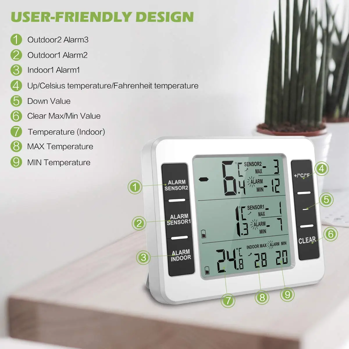 KH-TH026 Wireless Indoor Outdoor Thermometer Refrigerator Thermometer with 2 Sensors
