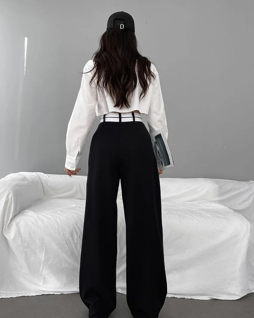 Summer Autumn High Waist Ladies Office Baggy Black Casual Pants Women Wide Leg Trousers Dacron 2 Piece Knitted Sample Available Custom Logo Printed Embroidered