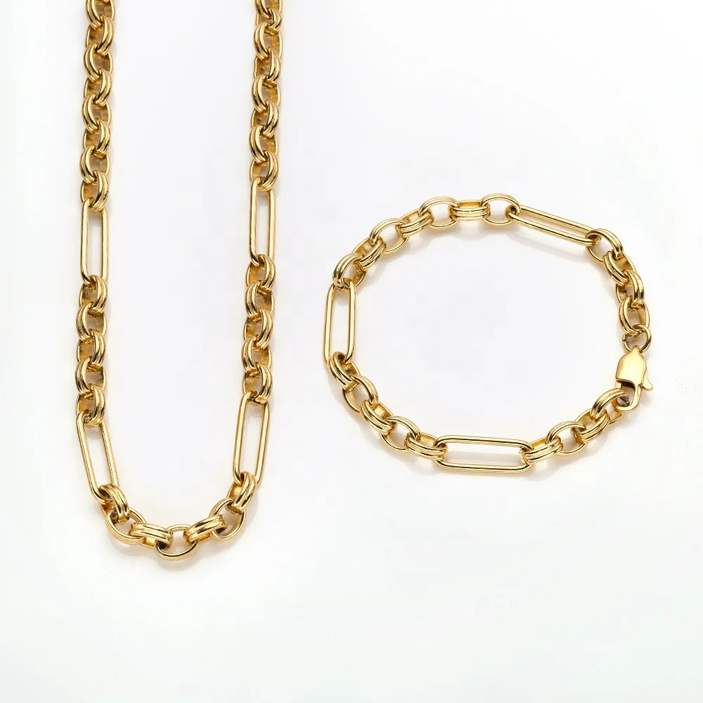 18K Gold Plated Stainless Steel Curb Necklace Set for Women Thick Wholesale Miami Stainless Steel Link Chain Bracelet Jewelry