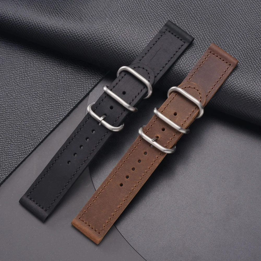 EACHE Luxury 20mm 22mm 24mm Silver ZULU Buckle Crazy Horse Leather Strap Watch for Man