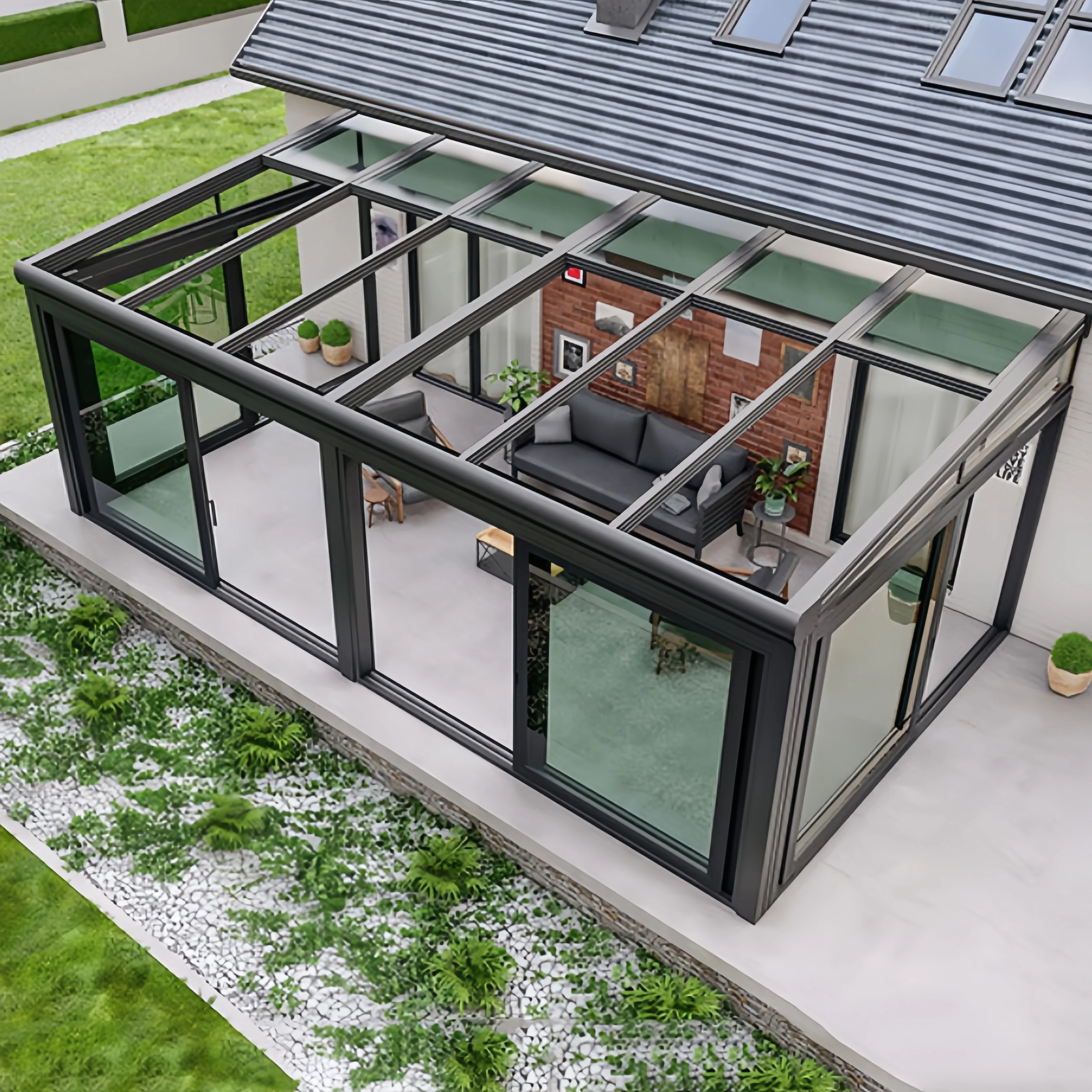 Customized design China double glass green house solarium aluminium sunroom garden veranda sunrooms Glass Roof for sale