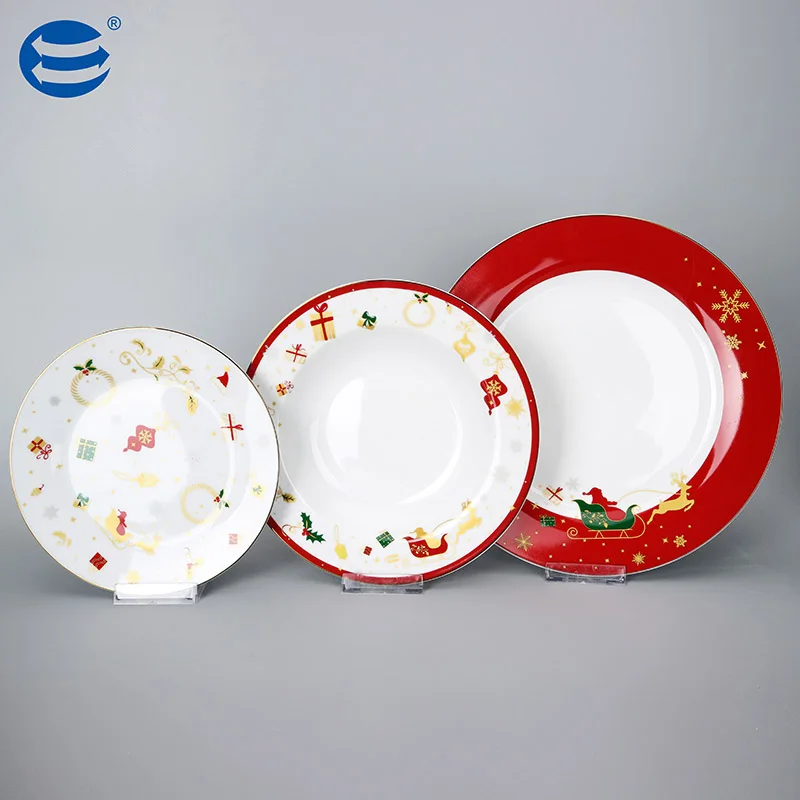 Excellent Factory Direct Sales  Christmas style three-piece  ceramic plate  new bone china dinner set with color box packing