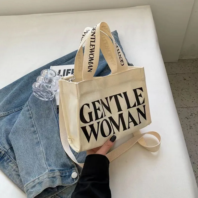 Custom Logo Women Printed Wide Handle Black Cross Body Large Thick Cotton Canvas Tote Messenger Bag