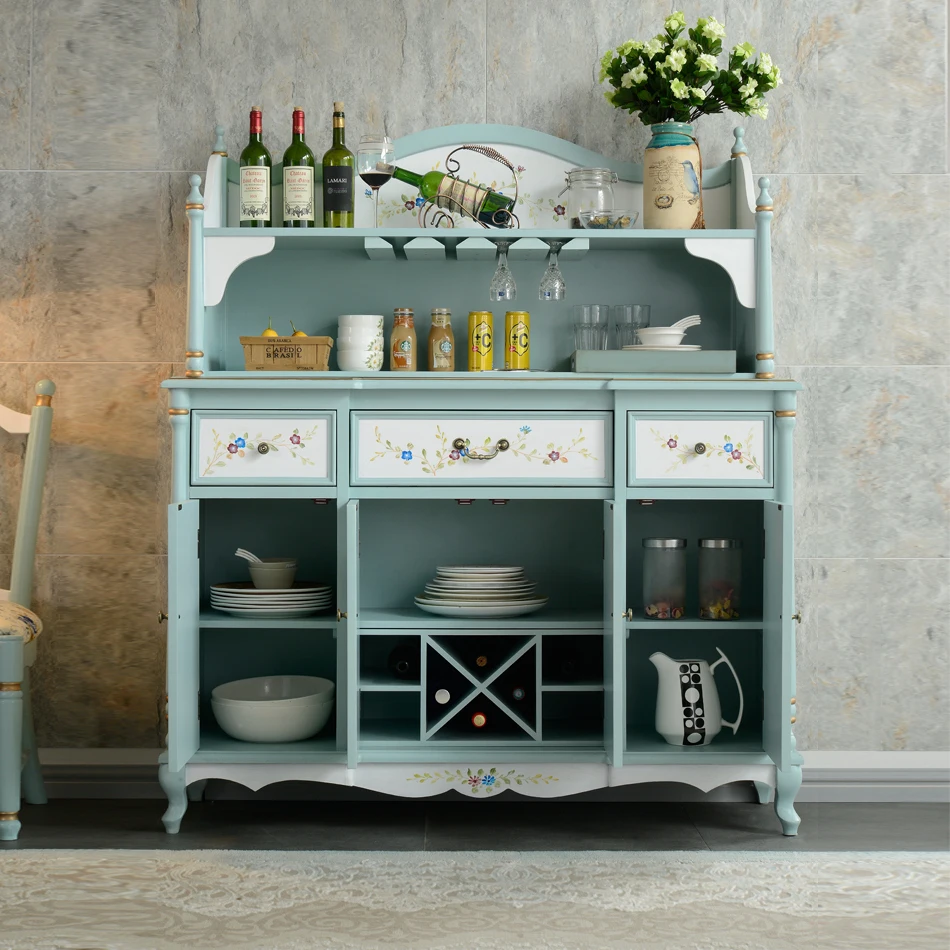 solid wooden restaurant storage hand-painted dinning cabinet with wine rack