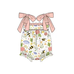 Puresun custom designs wholesale spring baby clothing bee flowers knit print girls romper with bow tie strap