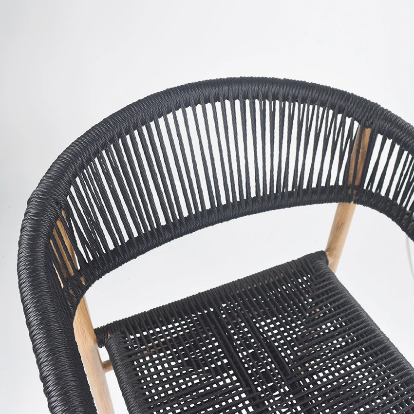 Black Aluminum Restaurant Cafe Chair Natural Woven Rattan Dining Seat for Patio Garden Hall Villa School Workshop