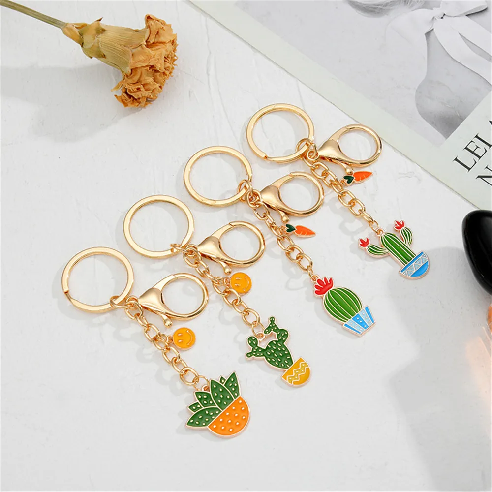Gold Metal Lovely Carrot Face Cactus Plants Shaped Keychain Women Keyring Car Key Chains Bag Hanging Pendant Diy Best Gift