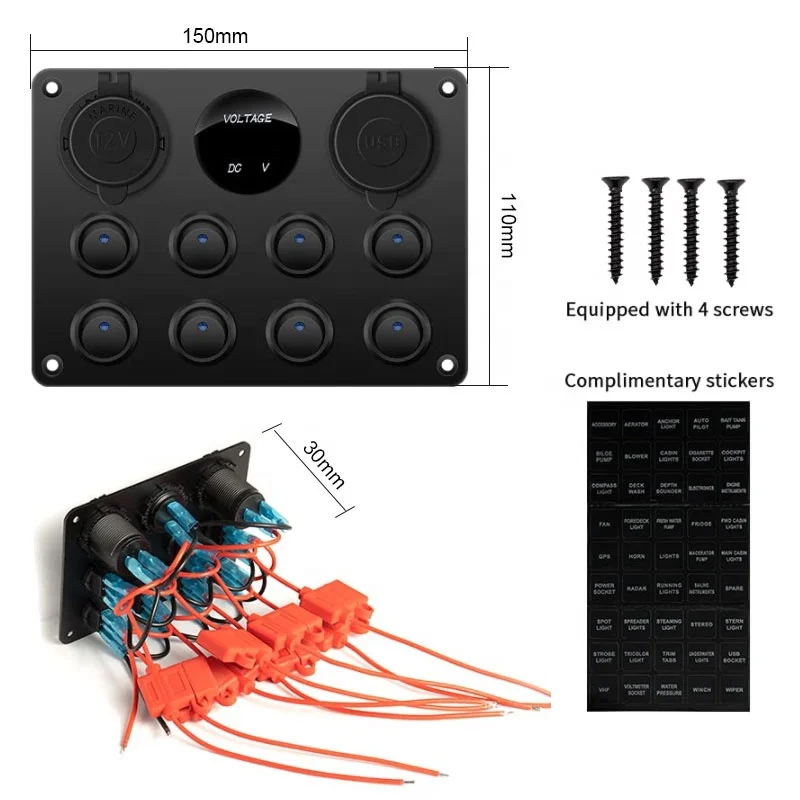 Водонепроницаемый 8 Gang кулисный переключатель Dual USB Автомобильное зарядное устройство цифровой вольтметр 12V Выход предварительно смонтированный панель с выключателями