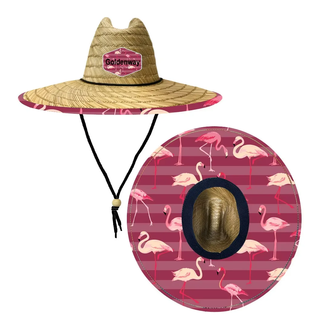 Flamingo Pattern design sun production women lifeguard wide brim custom straw hat wholesale