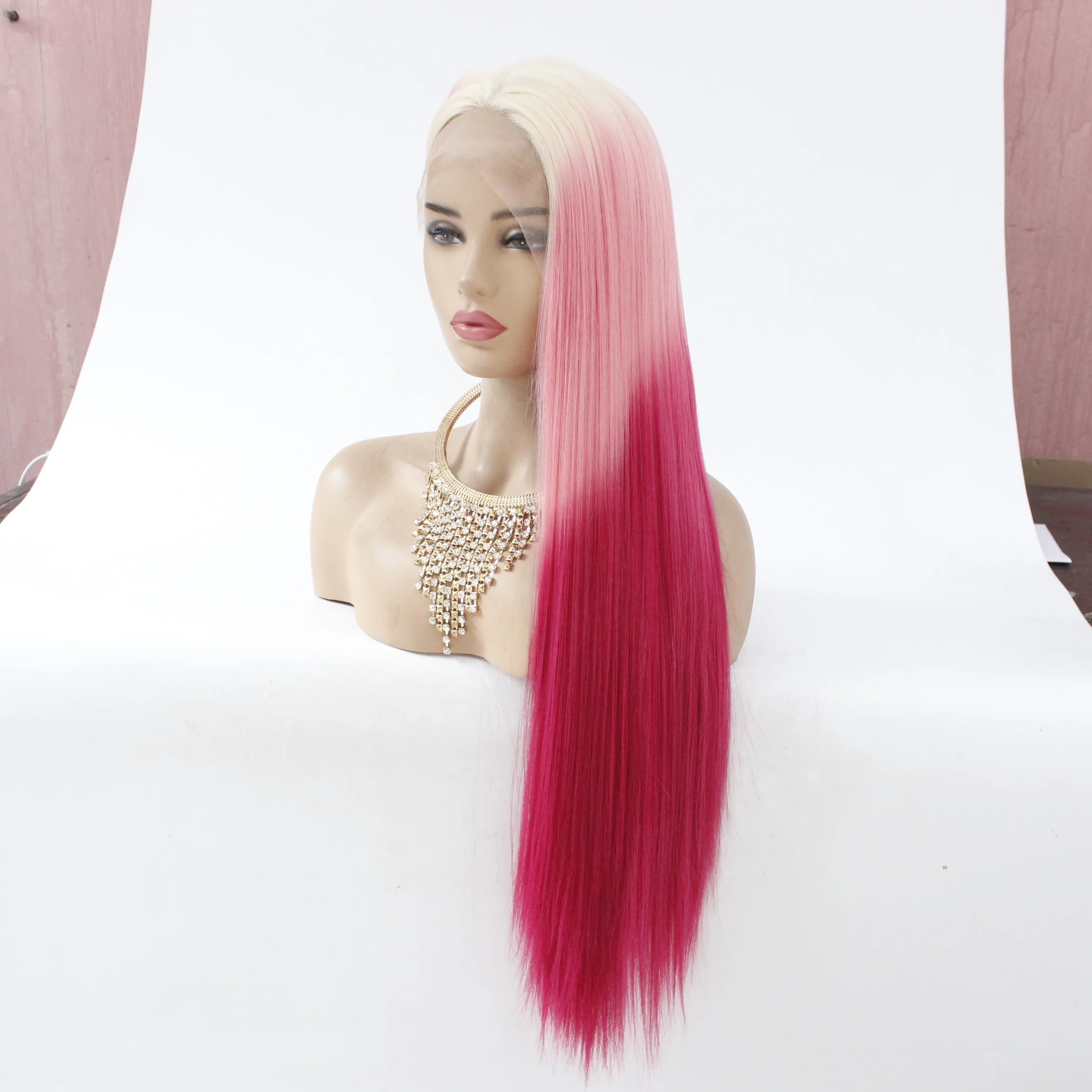 LINDALHAIR Ombre розовые красные супер длинные прямые парики глубокая средняя часть кружева Фронтальная парик несколько цветов длинный прямой