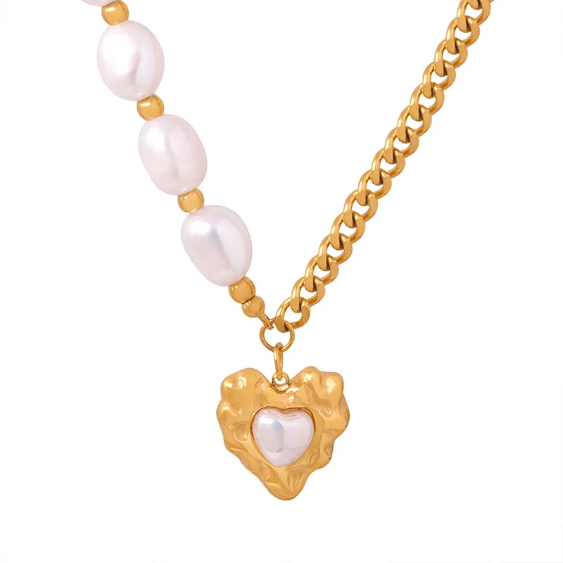 2023 Trendy Jewelry Stainless Steel Fashion Custom Heart Charm freshwater Pearl Necklace For Ladies