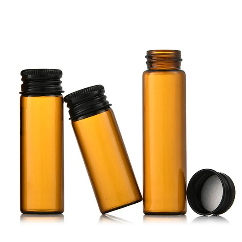 22mm empty mini glass essential oil vial 5ml amber glass perfume tube bottle with black gold screw lid