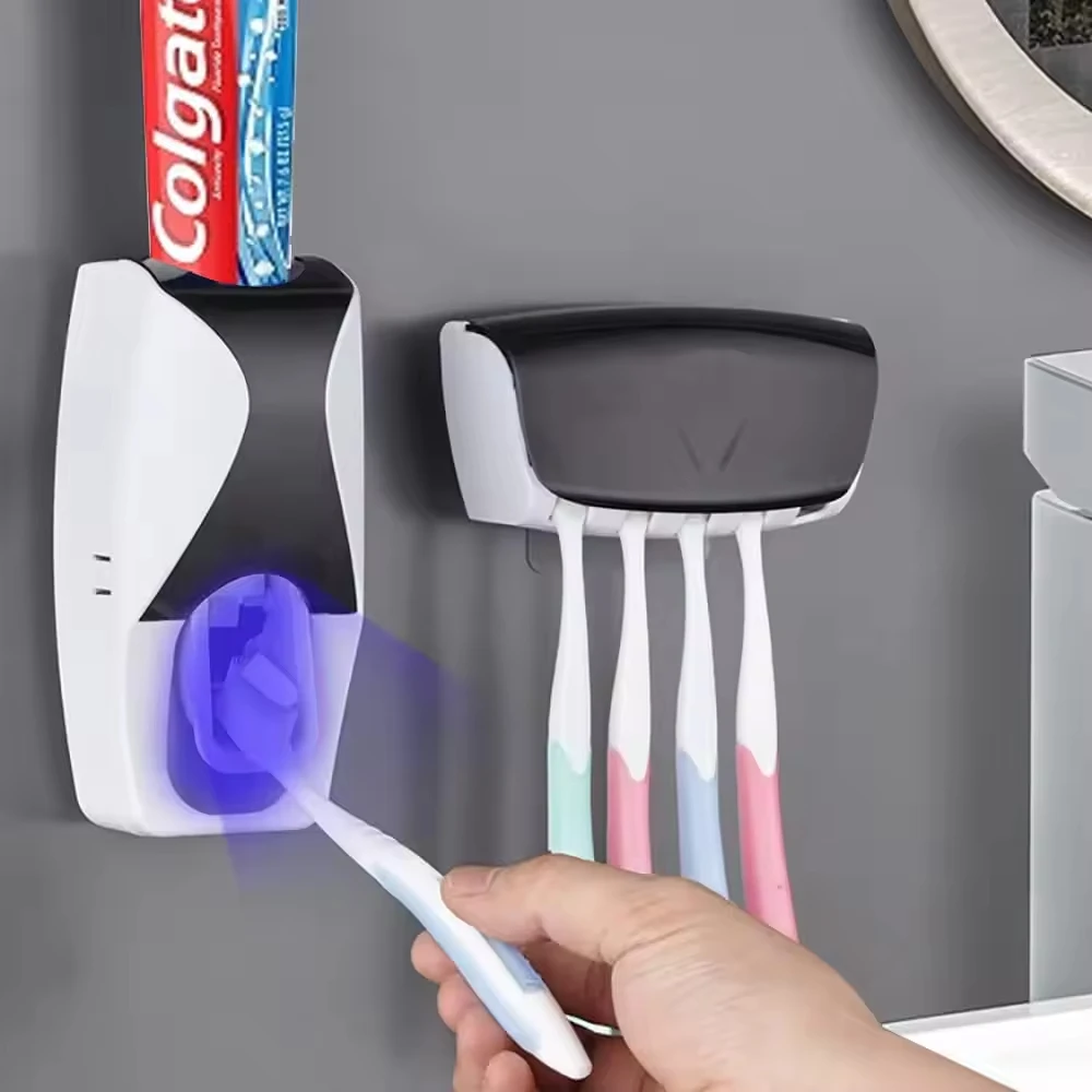 Automatic Toothbrush Dispenser Wall Mount Toothpaste Squeezer and Toothbrush Holder Set for Kids Family Bathroom Use