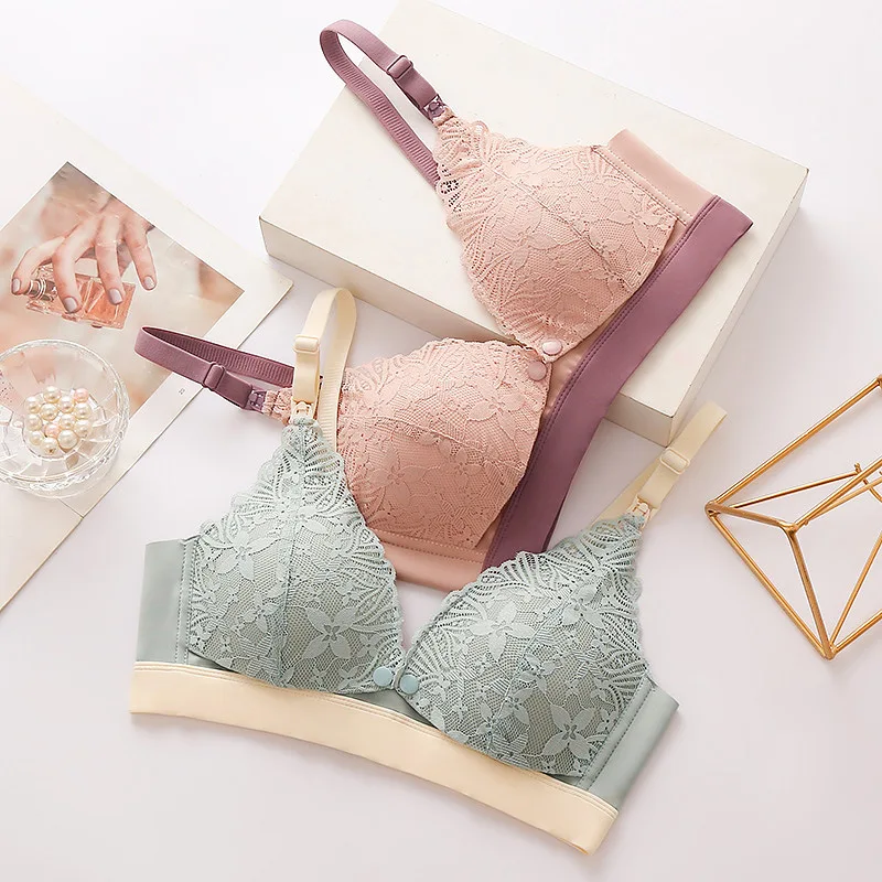 Traceless Front Open Lactation Bra Lace Color Contrast Large Size Adjustable Nursing Ice Silk Maternity Underwear