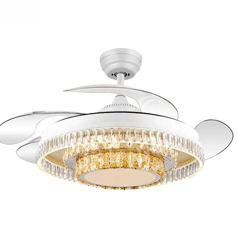 Home 48 Inch 96w Nordic Modern Dc Bldc Remote Control Glod Retractable Invisible Crystal Led Ceiling Fan With Light
