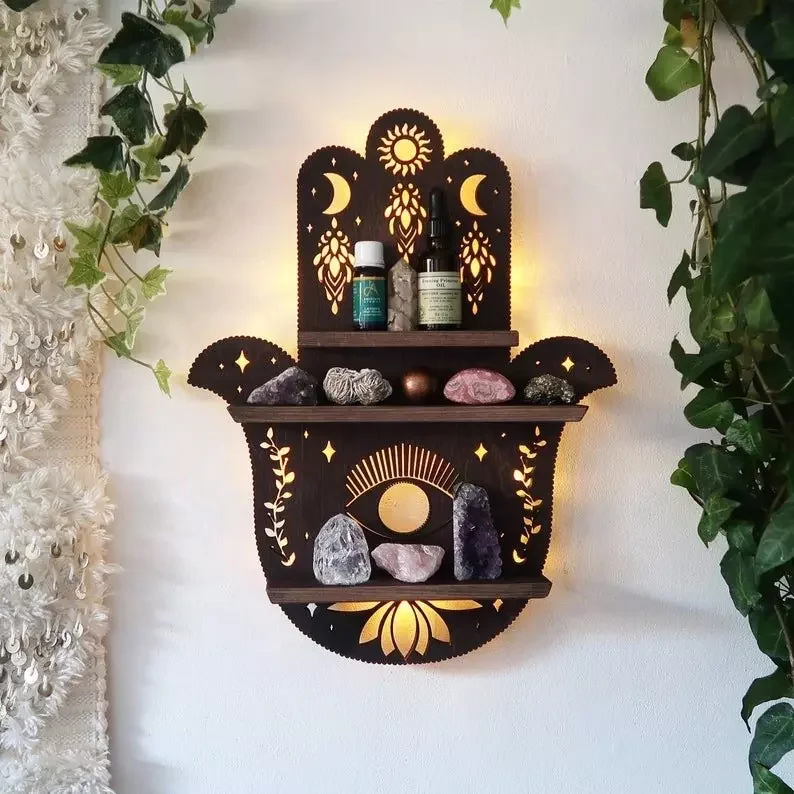 Handmade Luminous Butterfly Wooden Shelf Crystal Essential Oil Storage Rack Wall Display Living Room Dining Room Decorative Rack