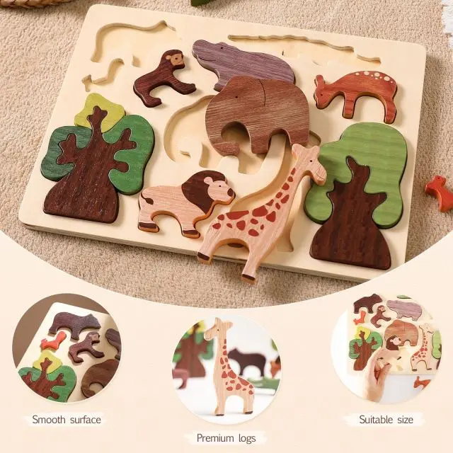 Baby animal puzzles hand grasping board inlays early education puzzle blocks matching cognitive wooden puzzle board stacking