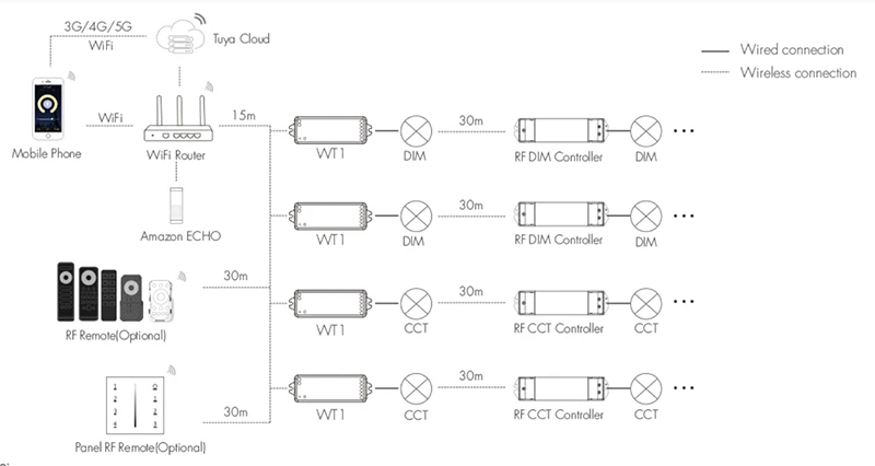 WT1 2CH 5A 12v 24v 36V DC WiFi RF CV Tuya приложение push Dim контроллер для управления одним цветом или цветовой температурой светодиодные полосы
