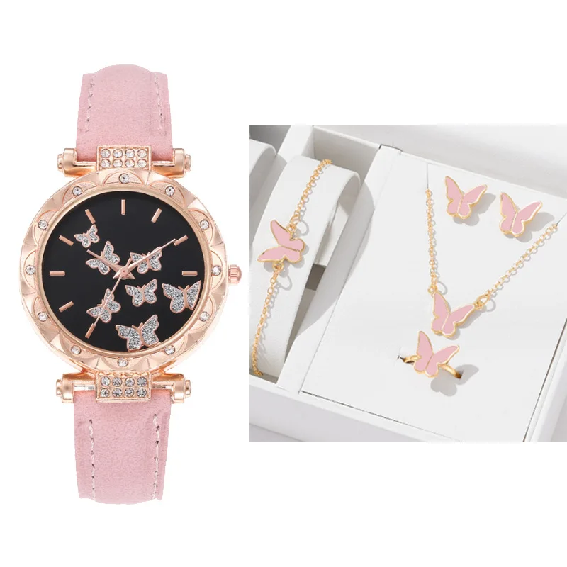 Women Watch Jewelry Luxury Gift Set Fashion 5Pcs/Set Ring Earring Bracelet Necklace Butterfly Set Watches Designer Ladies