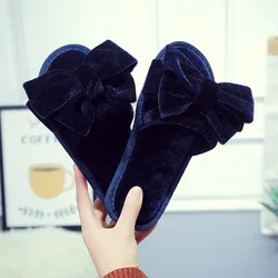 Fashion design Bowknot 2021 Winter Plush warm slides ladies Flat bedroom indoor shoes Luxury women faux fur slippers