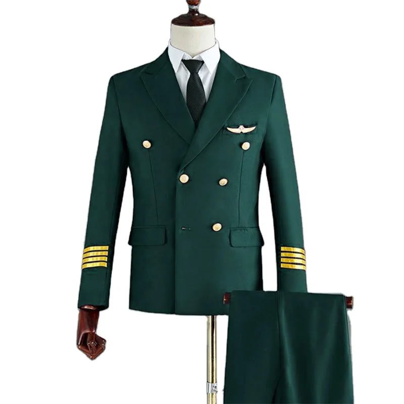 Custom  100% Cotton Fabric Green Pilot Uniform Sets Blazer Shirts Trousers Airline Staff Workwear Captain Uniforms