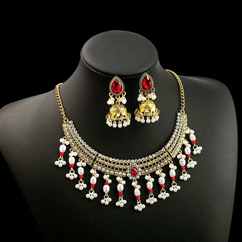 Luxury Gold Color Geometric Necklace Set Women Vintage Choker Crystal Bridal Wedding Necklace Earring Set Fashion Indian Jewelry