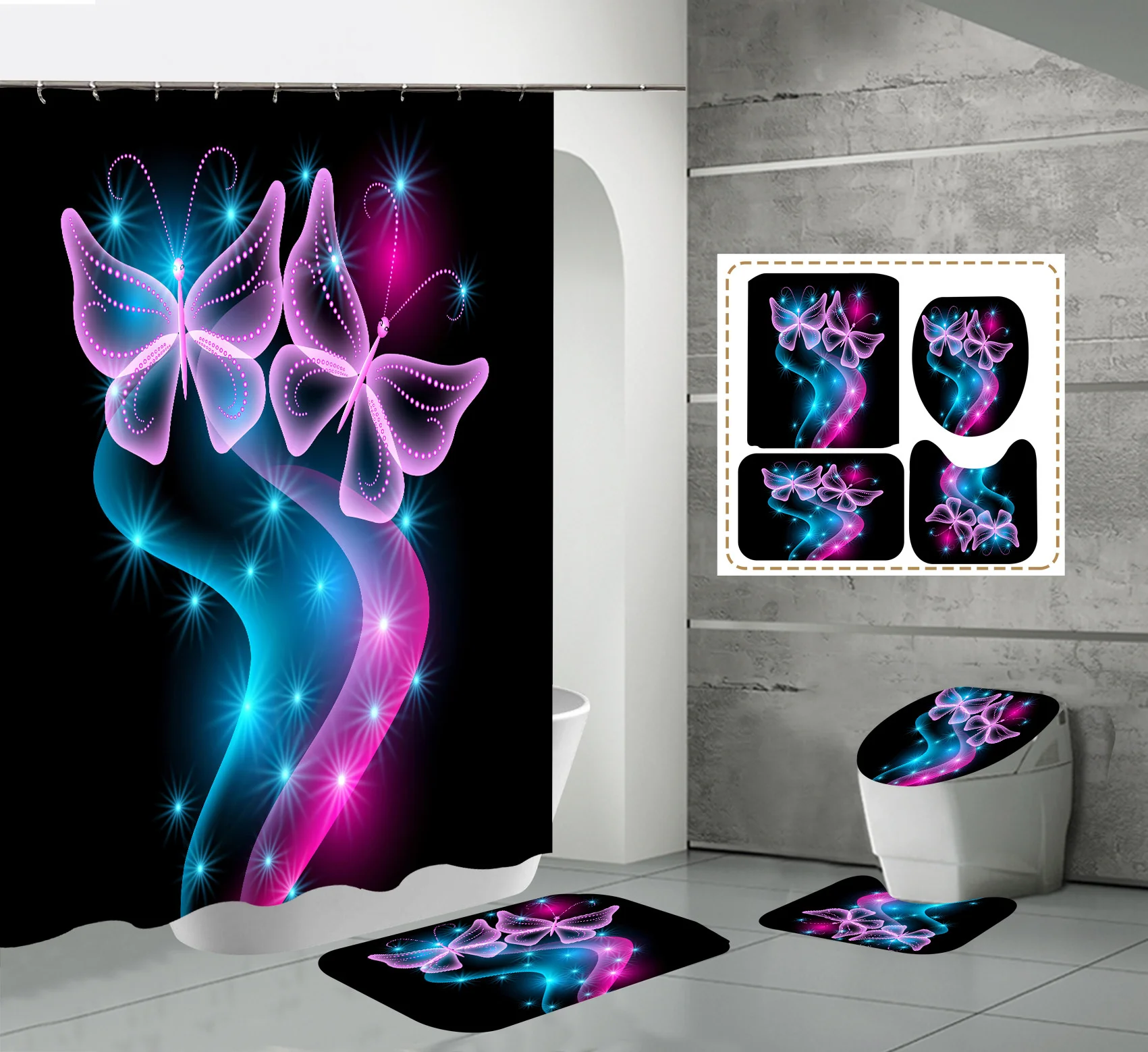Customizable High Quality Eco-Friendly Polyester Modern 4pcs Waterproof 3D Printed Butterfly Shower Curtain Set Bathroom Curtain