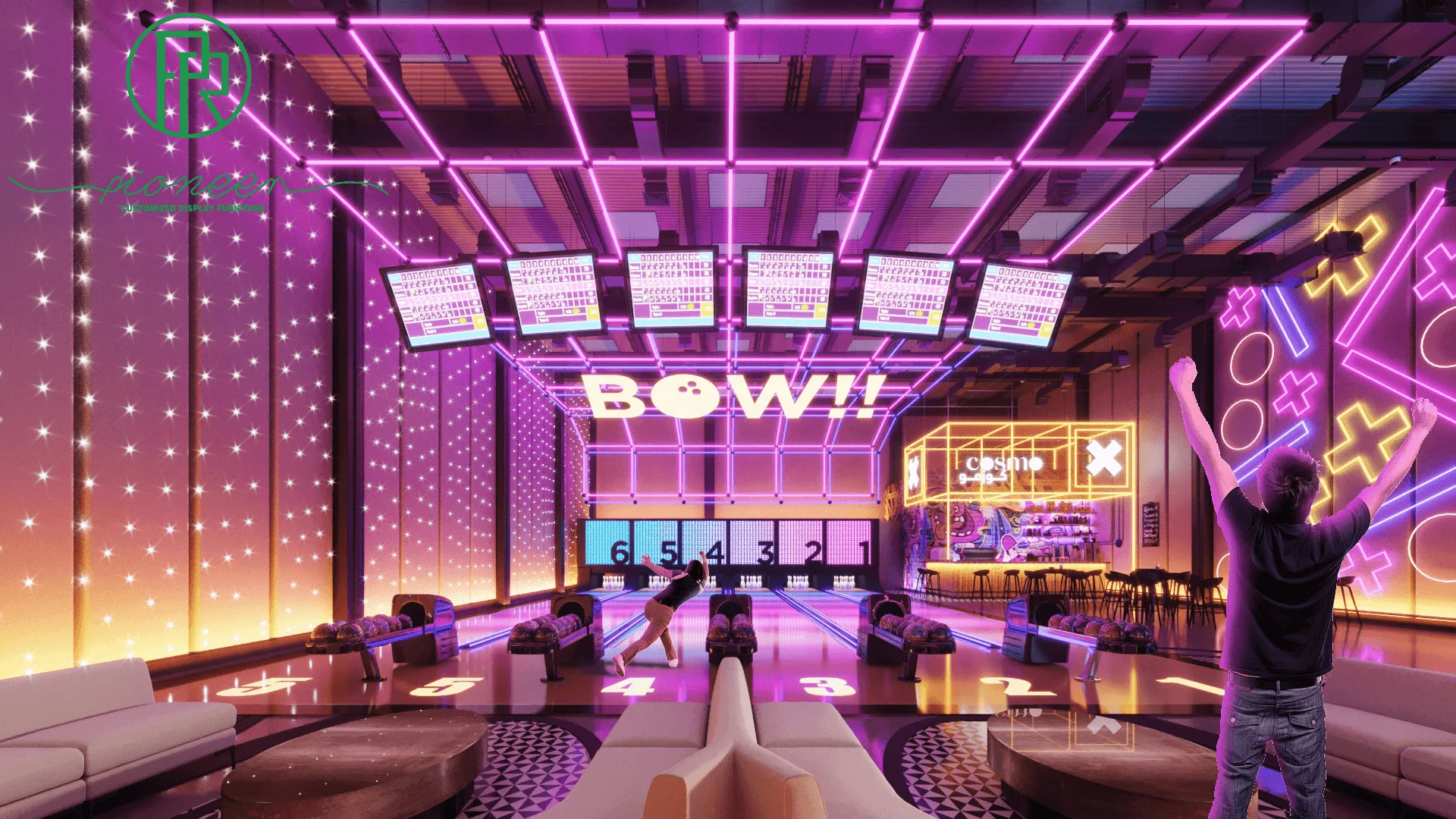 Amazing bowling alley design custom bowling center bar counter bowling restaurant lounge furniture