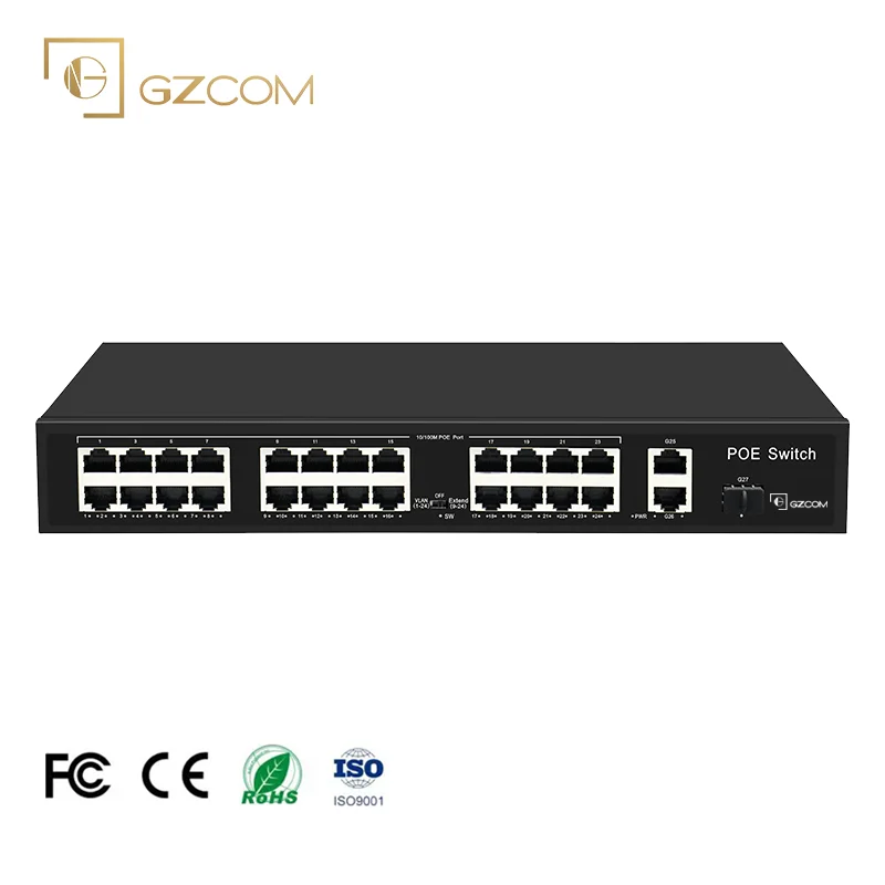 GZCOM PoE Switch 24 10/100Mbps PoE Ports + 2*Gigabit Ethernet Ports+1*Gigabit SFP Network 24 Ports PoE Switch for IP Camera CCTV