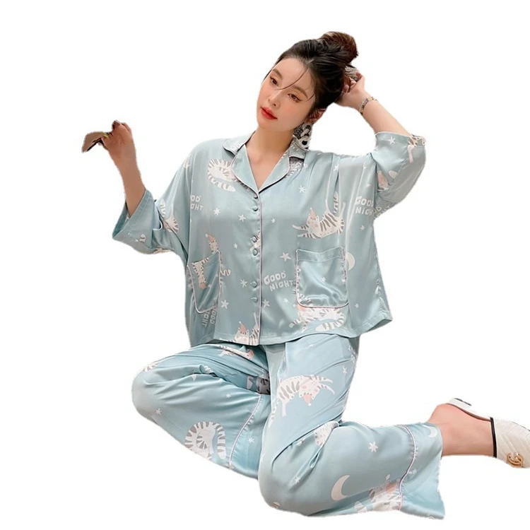 Fashion Women New Long-Sleeve Loose and cute cat print Satin Sleepwear Pajamas Loungewear Set