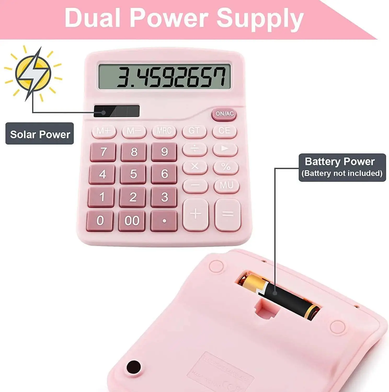 Cute Pink 12 Digits Battery Dual Power Office Desk Electronic Financial Calculator