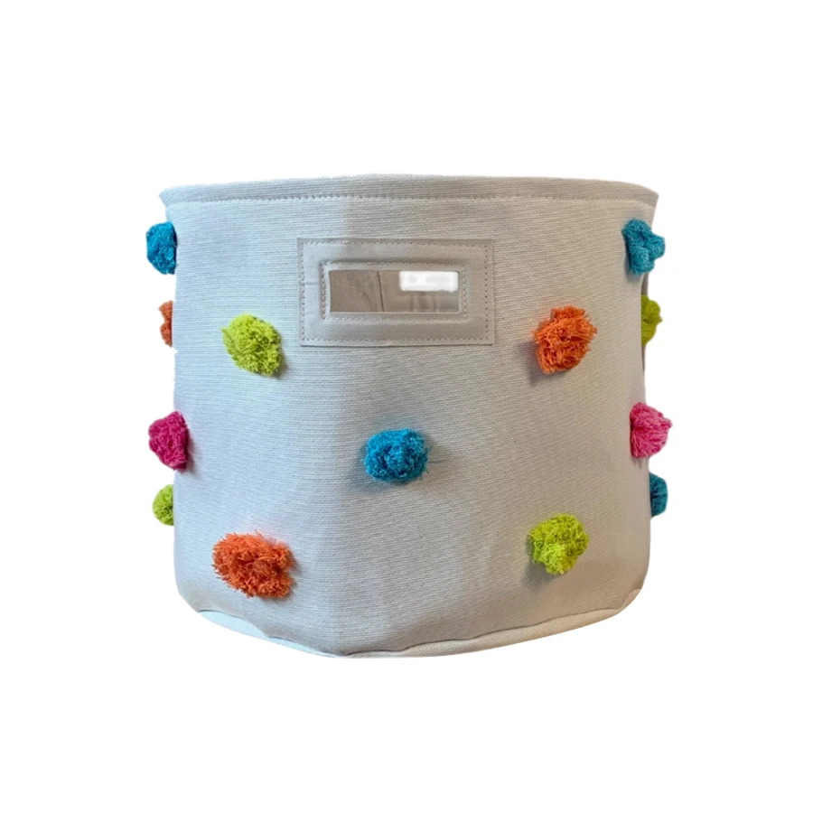 Cute Cotton Pompom Decor Children Toy Storage Bucket Knitted Laundry Basket Large Capacity Baby Toy Organizer
