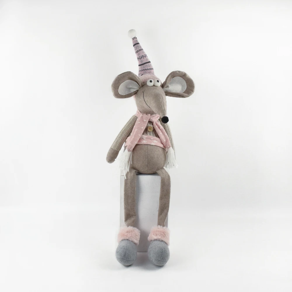 Xmas Home Ornament Indoor Navidad Mouse Figurine Plush Winter Christmas Decoration Sitting Mouse with a Button