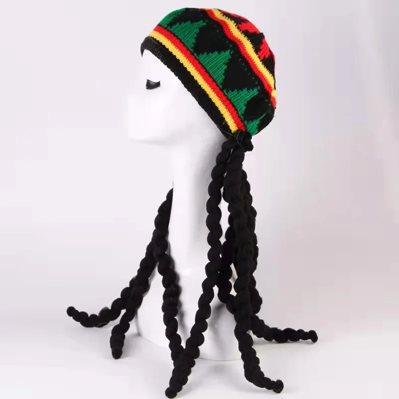 Fancy Dress Adults Knitted Jamaican Rasta Beanie Hat & Dreadlocks Hair   AD3519