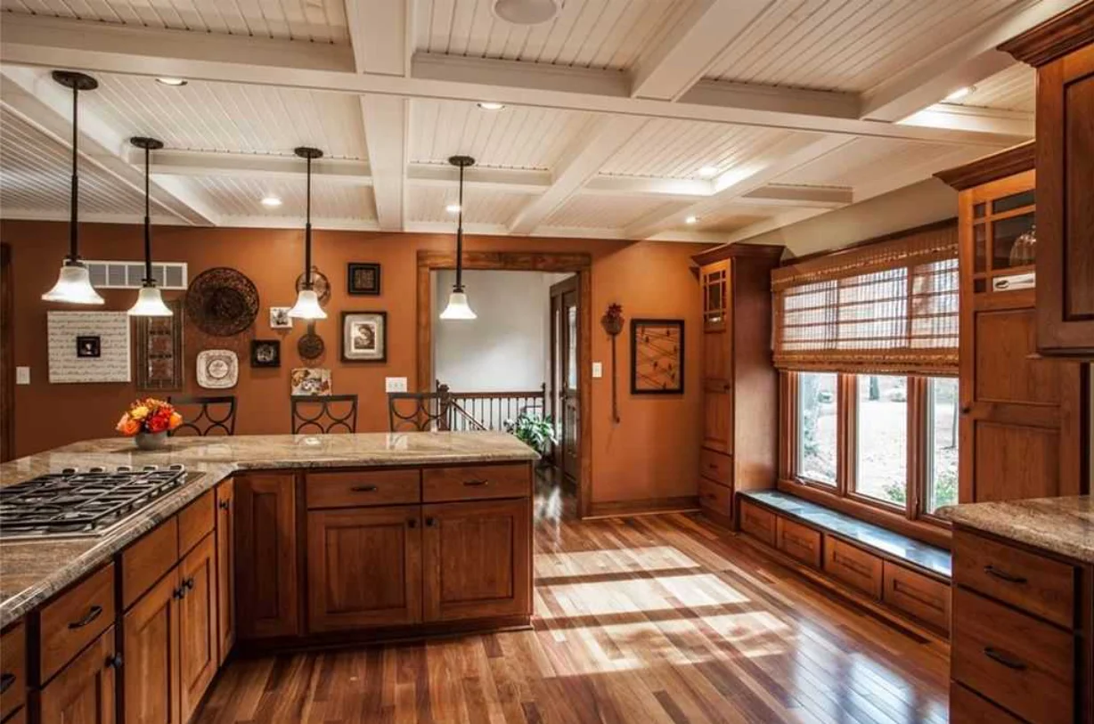 Classic Solid Wood U-Shape Medium Tone Kitchen Furniture Shaker Medium Tone Dark Wood Cabinets Customized Kitchen Cabinet