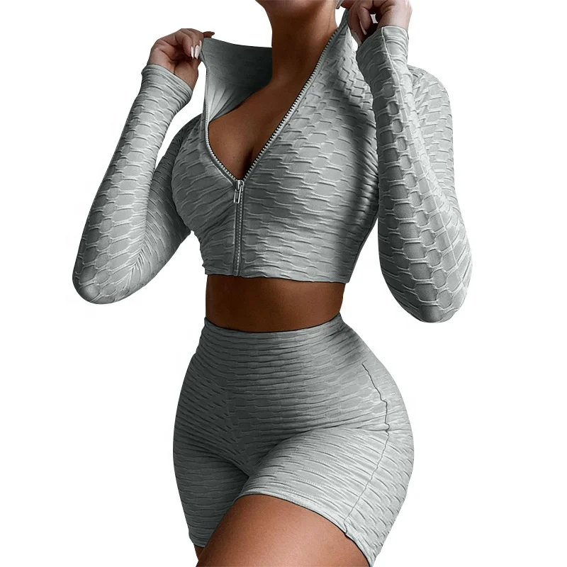 
2021 New Biker Shorts Two Piece Set Ladies Long Sleeve Zipper Crop Top Ruched Jogging Suit 2 Piece Biker Short Set for Women 