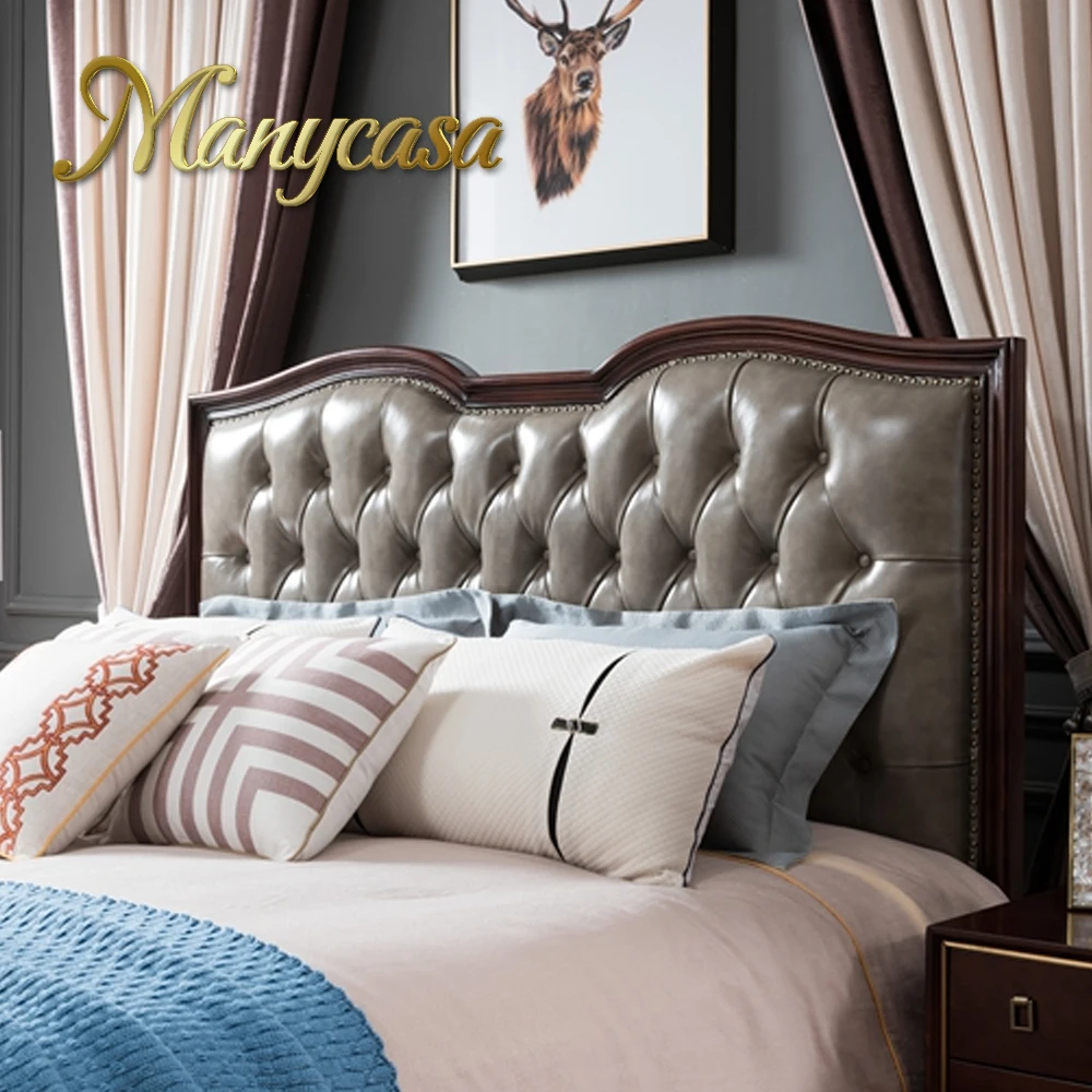 Роскошное винтажное деревянное резьбовое двухместное обивочное кожаное изголовье кровати из массива дерева