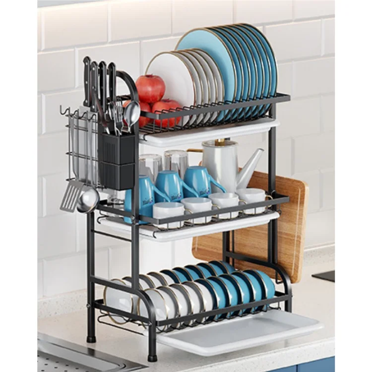 High Quality Black Metal Dish Drying Rack Carbon Steel Kitchen Organizer with 3 Tier Metal Dish Drainer Rack