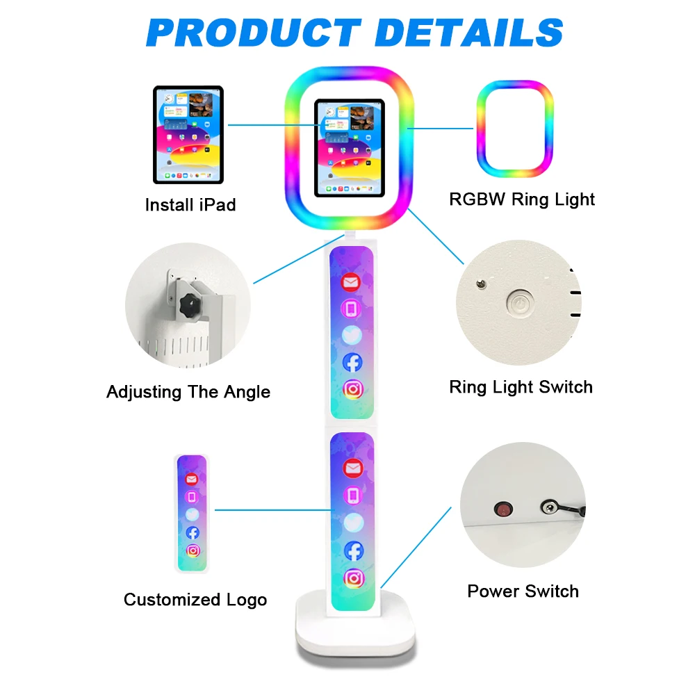 Color Light Strip Ipad Photo Booth Shell Ipad Selfie Photo Booth With Machine Custom Screen Rotating Adjustable For Studio