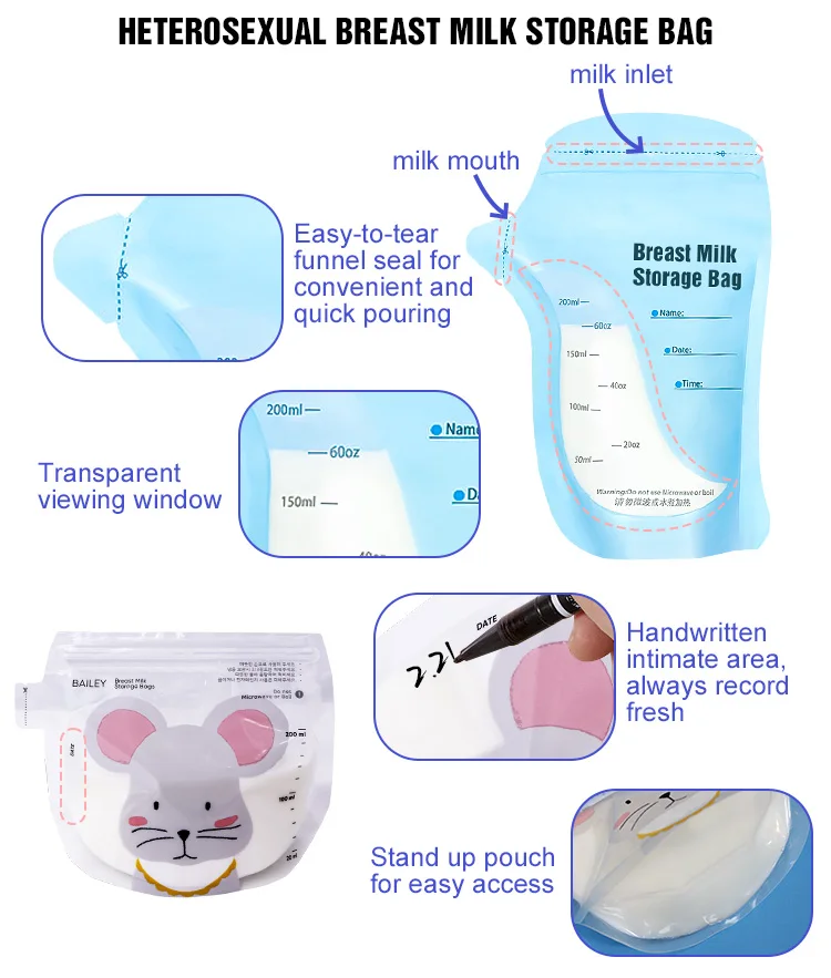 AIUDO Temperature Resistant Easy Tear Seal Double Sealing Chain Standing Base Accurate Capacity Pre-Sterilized Breast Milk Bag